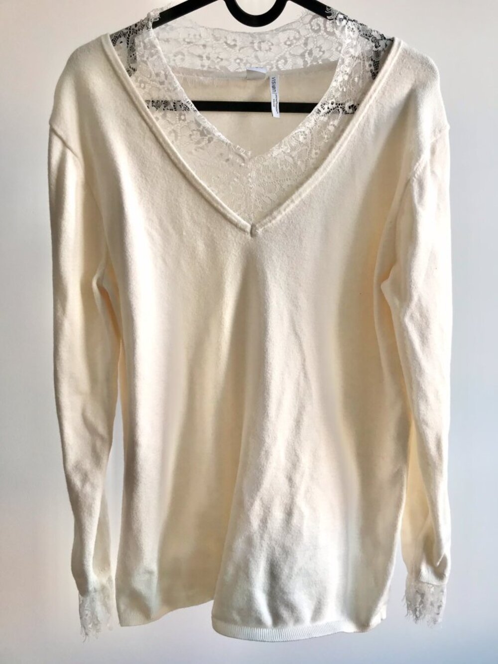 Twik Ivory Lace Trim V Neck Sweater